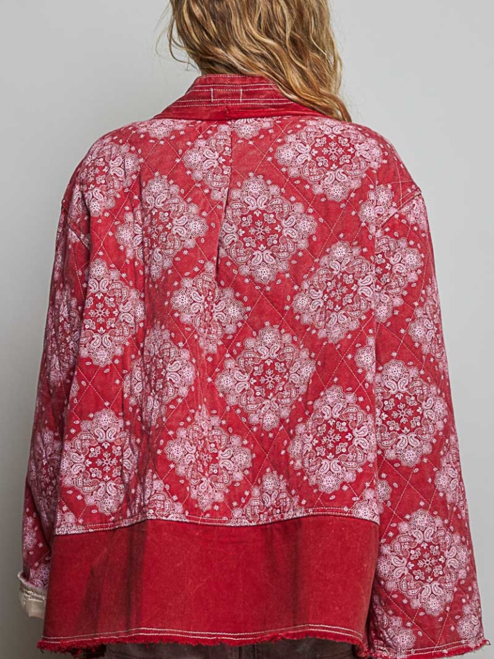 POL Red Paisley Print Reverse Stitch Floral Embroidered Open Front Jacket - Picture 4 of 8